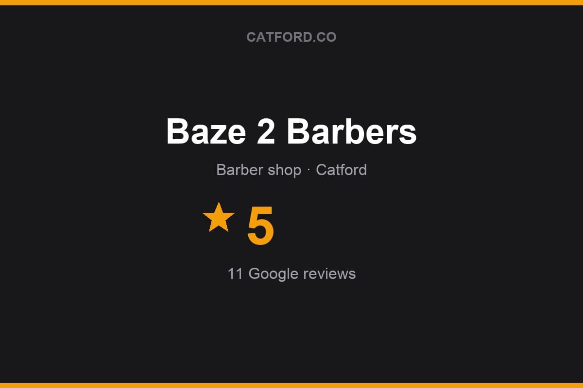 Branded Catford.co rating card for Baze 2 Barbers: 5 stars, 11 Google reviews