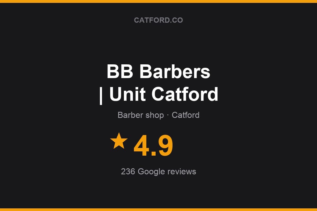 Branded Catford.co rating card for BB Barbers | Unit Catford: 4.9 stars, 236 Google reviews