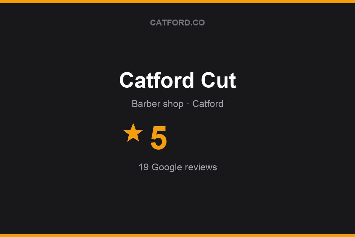 Branded Catford.co rating card for Catford Cut: 5 stars, 19 Google reviews