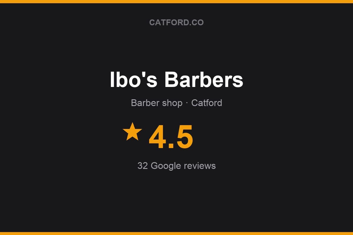 Branded Catford.co rating card for Ibo's Barbers: 4.5 stars, 32 Google reviews