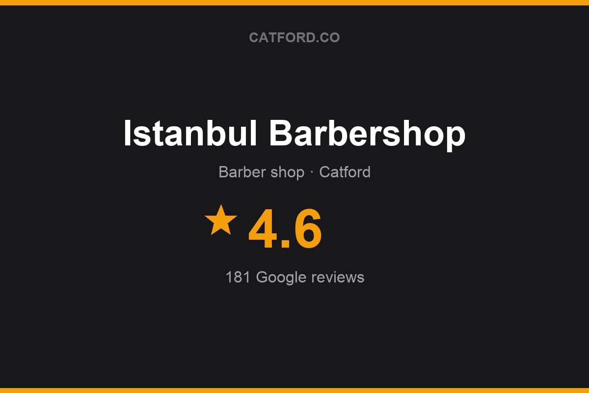 Branded Catford.co rating card for Istanbul Barbershop: 4.6 stars, 181 Google reviews