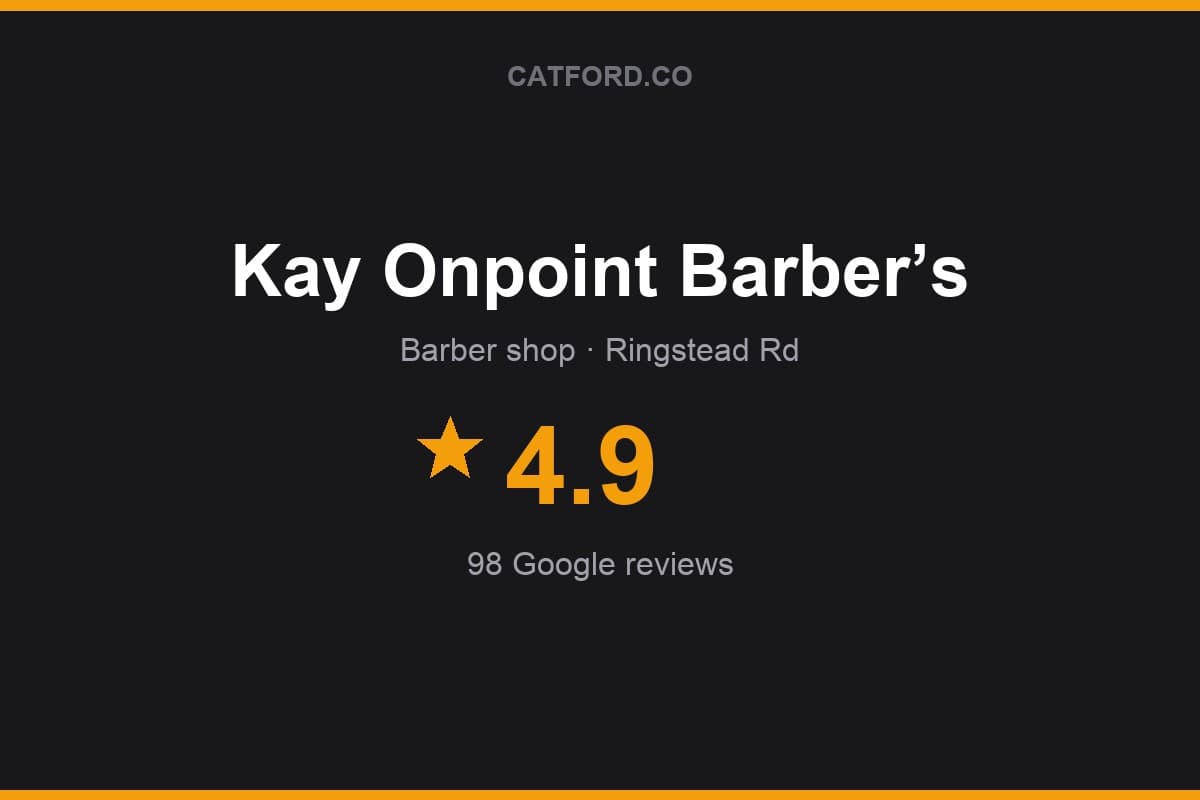Branded Catford.co rating card for Kay Onpoint Barber’s: 4.9 stars, 98 Google reviews