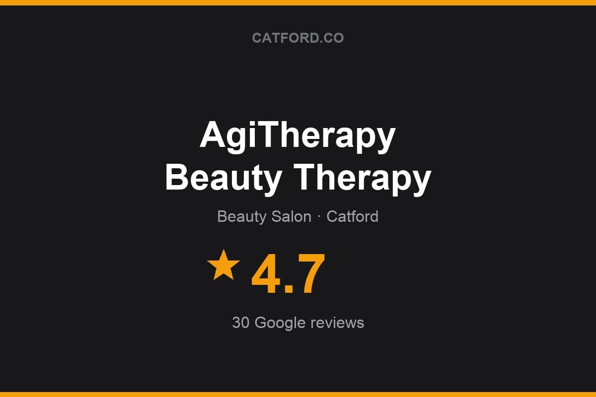 Branded Catford.co rating card for AgiTherapy Beauty Therapy: 4.7 stars, 30 Google reviews