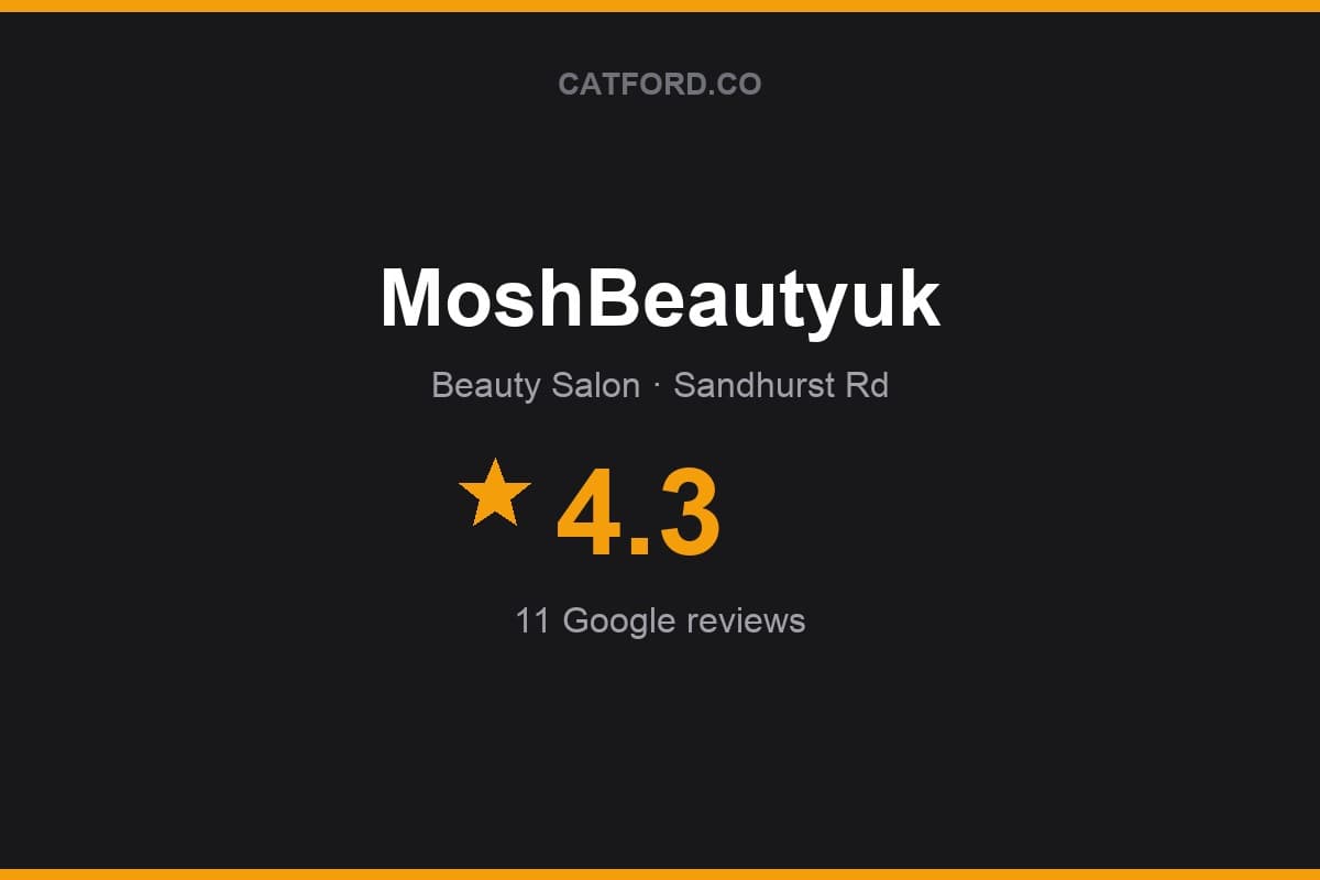 Branded Catford.co rating card for MoshBeautyuk: 4.3 stars, 11 Google reviews