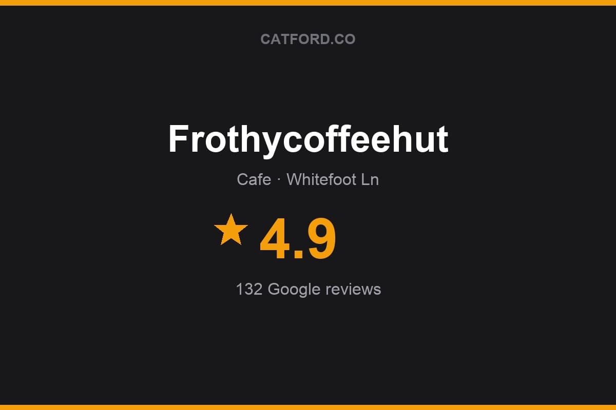 Branded Catford.co rating card for Frothycoffeehut: 4.9 stars, 132 Google reviews