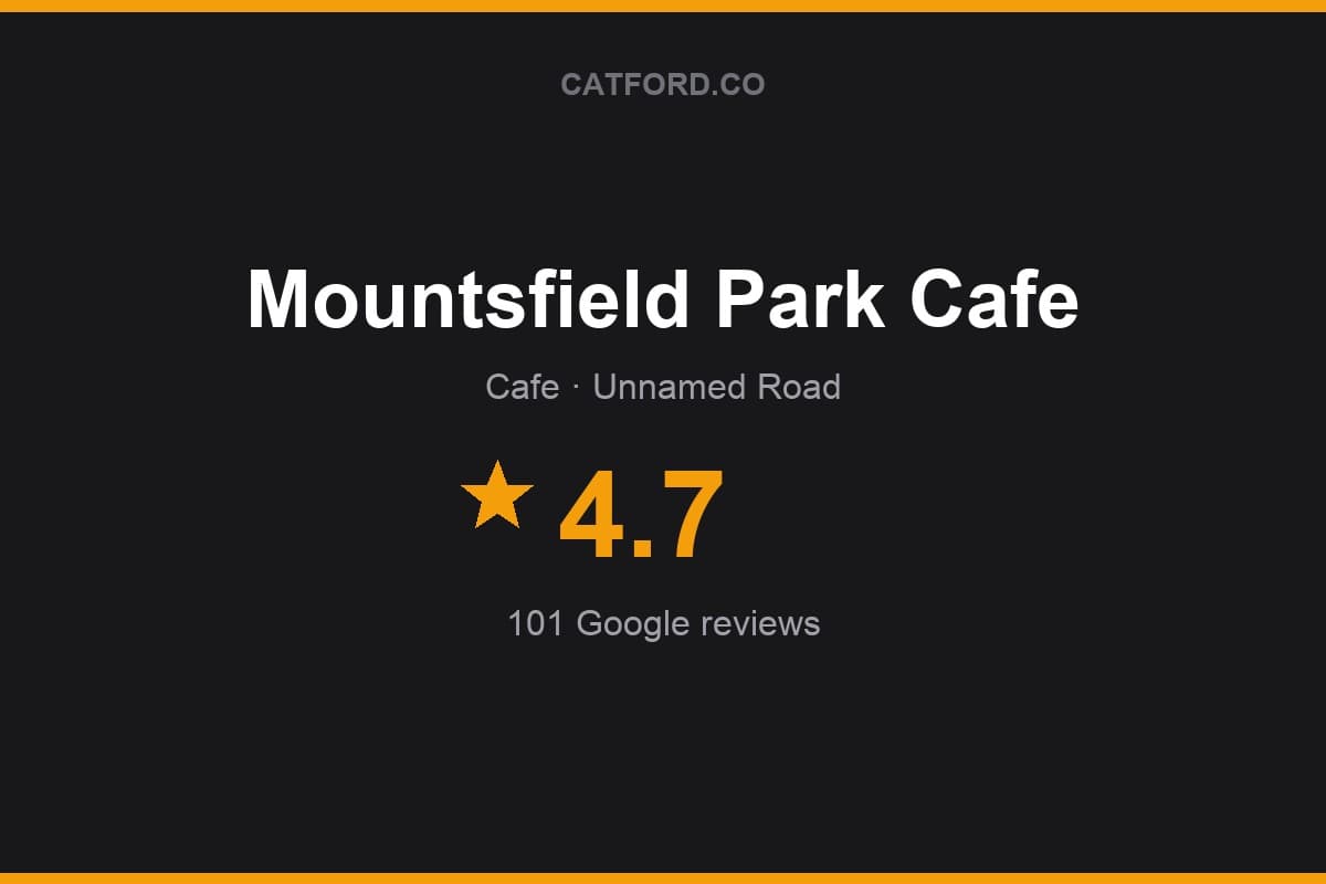 Branded Catford.co rating card for Mountsfield Park Cafe: 4.7 stars, 101 Google reviews
