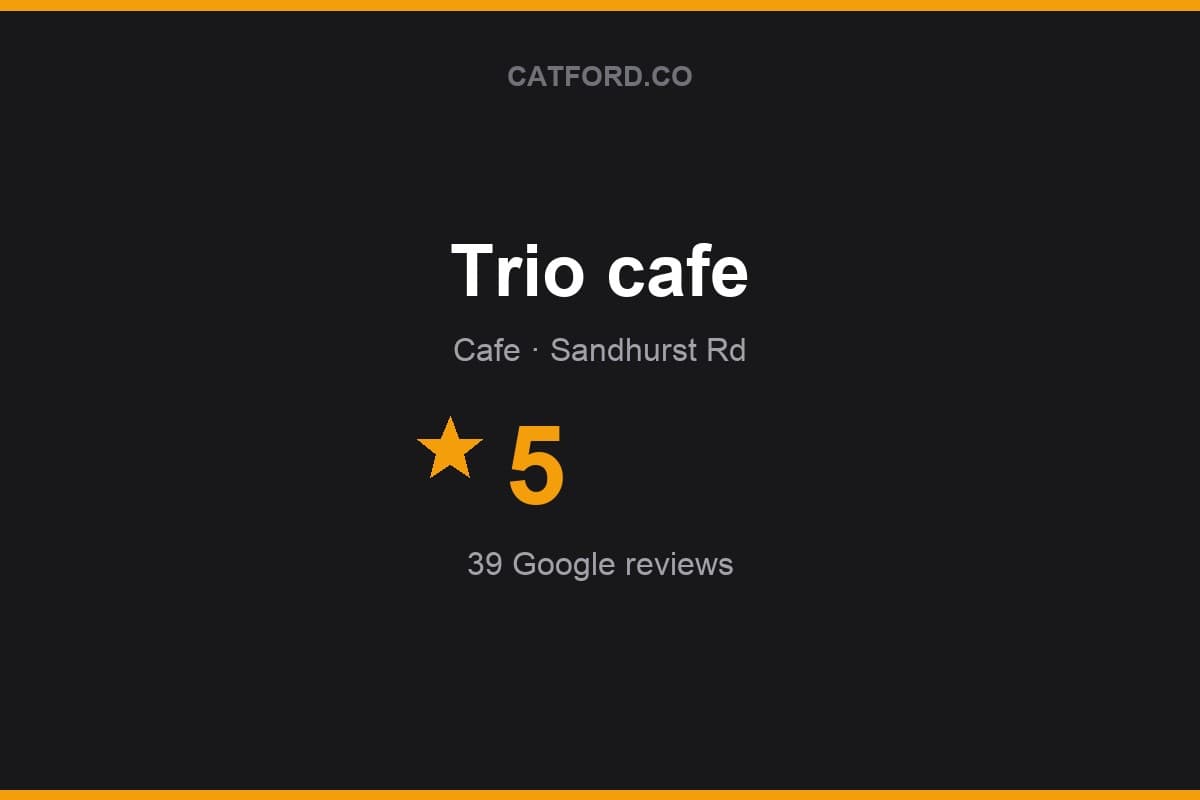 Branded Catford.co rating card for Trio cafe: 5 stars, 39 Google reviews