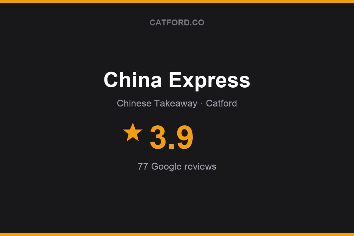 Branded Catford.co rating card for China Express: 3.9 stars, 77 Google reviews