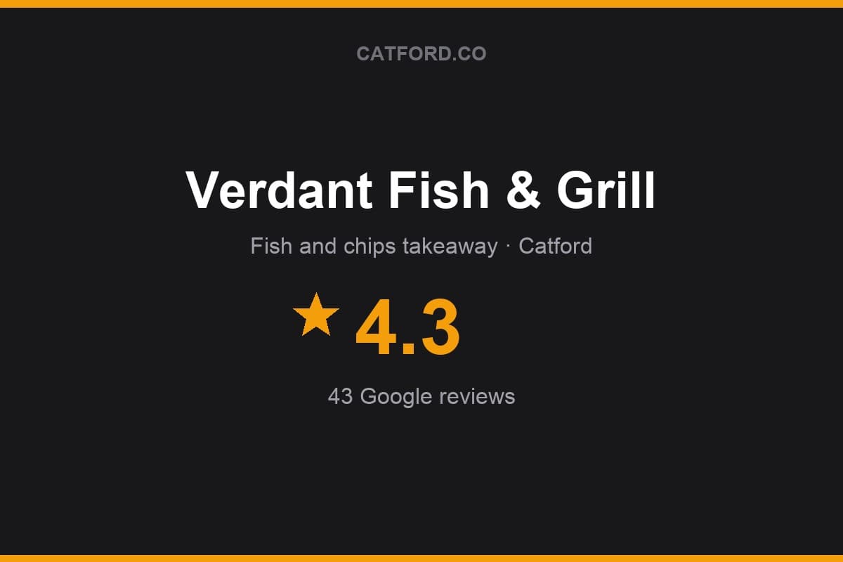 Branded Catford.co rating card for Verdant Fish & Grill: 4.3 stars, 43 Google reviews