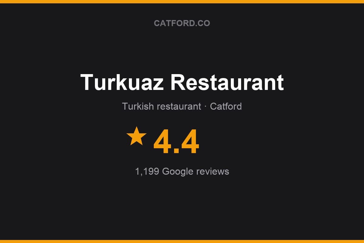 Branded Catford.co rating card for Turkuaz Restaurant: 4.4 stars, 1,199 Google reviews