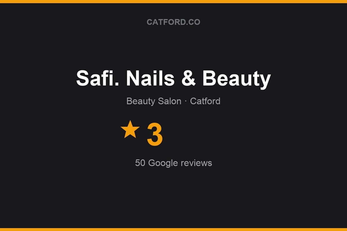 Branded Catford.co rating card for Safi. Nails & Beauty: 3 stars, 50 Google reviews
