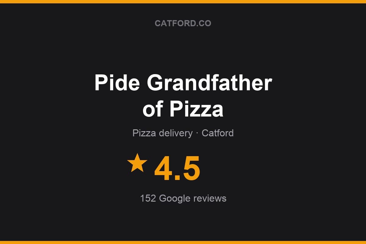 Branded Catford.co rating card for Pide Grandfather of Pizza: 4.5 stars, 152 Google reviews