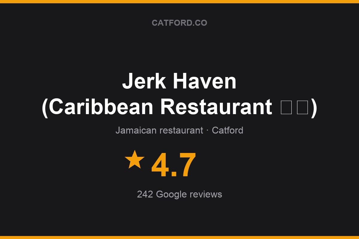 Branded Catford.co rating card for Jerk Haven (Caribbean Restaurant 🇯🇲): 4.7 stars, 242 Google reviews