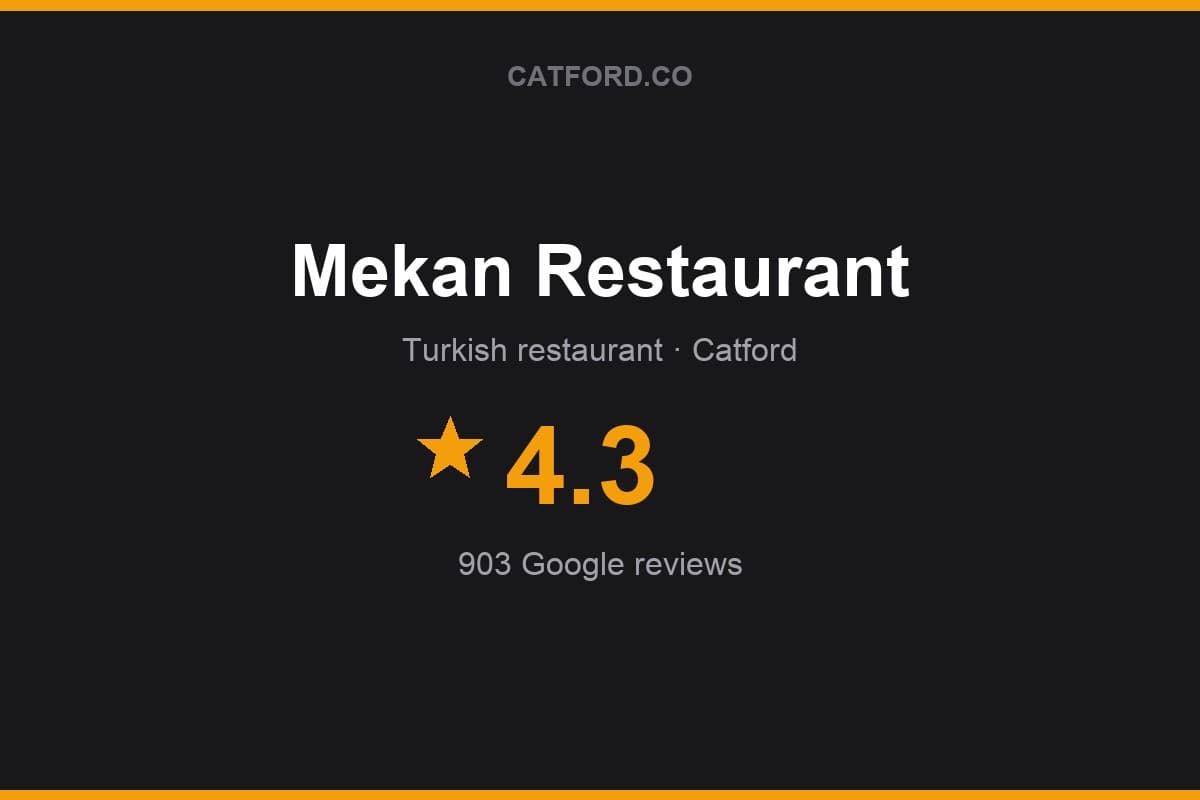 Branded Catford.co rating card for Mekan Restaurant: 4.3 stars, 903 Google reviews