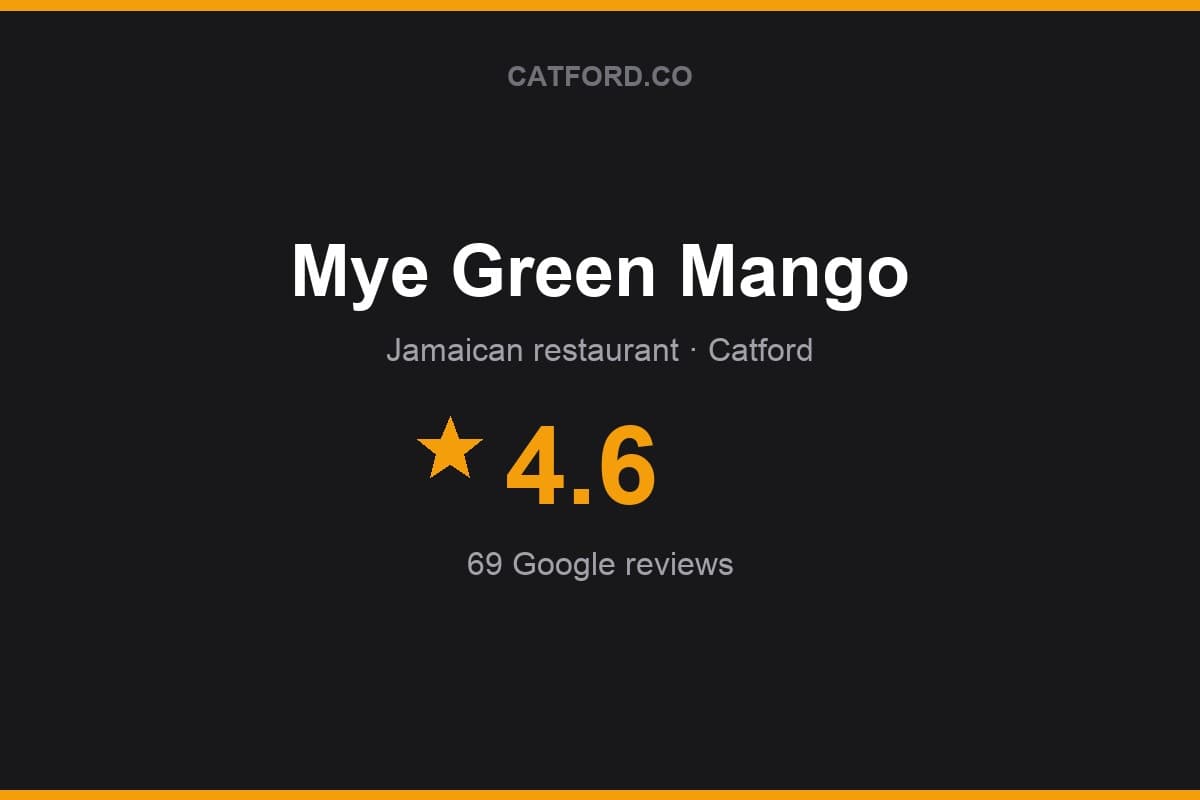 Branded Catford.co rating card for Mye Green Mango: 4.6 stars, 69 Google reviews