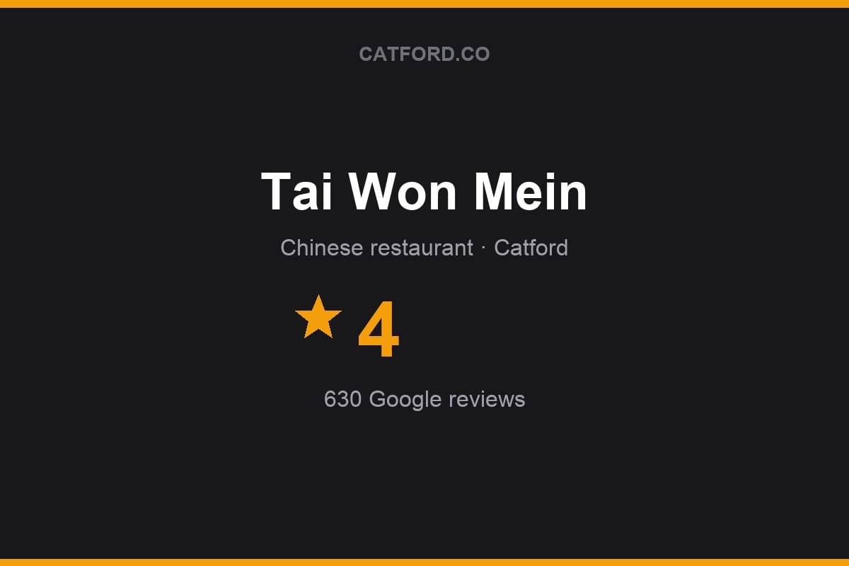 Branded Catford.co rating card for Tai Won Mein: 4 stars, 630 Google reviews